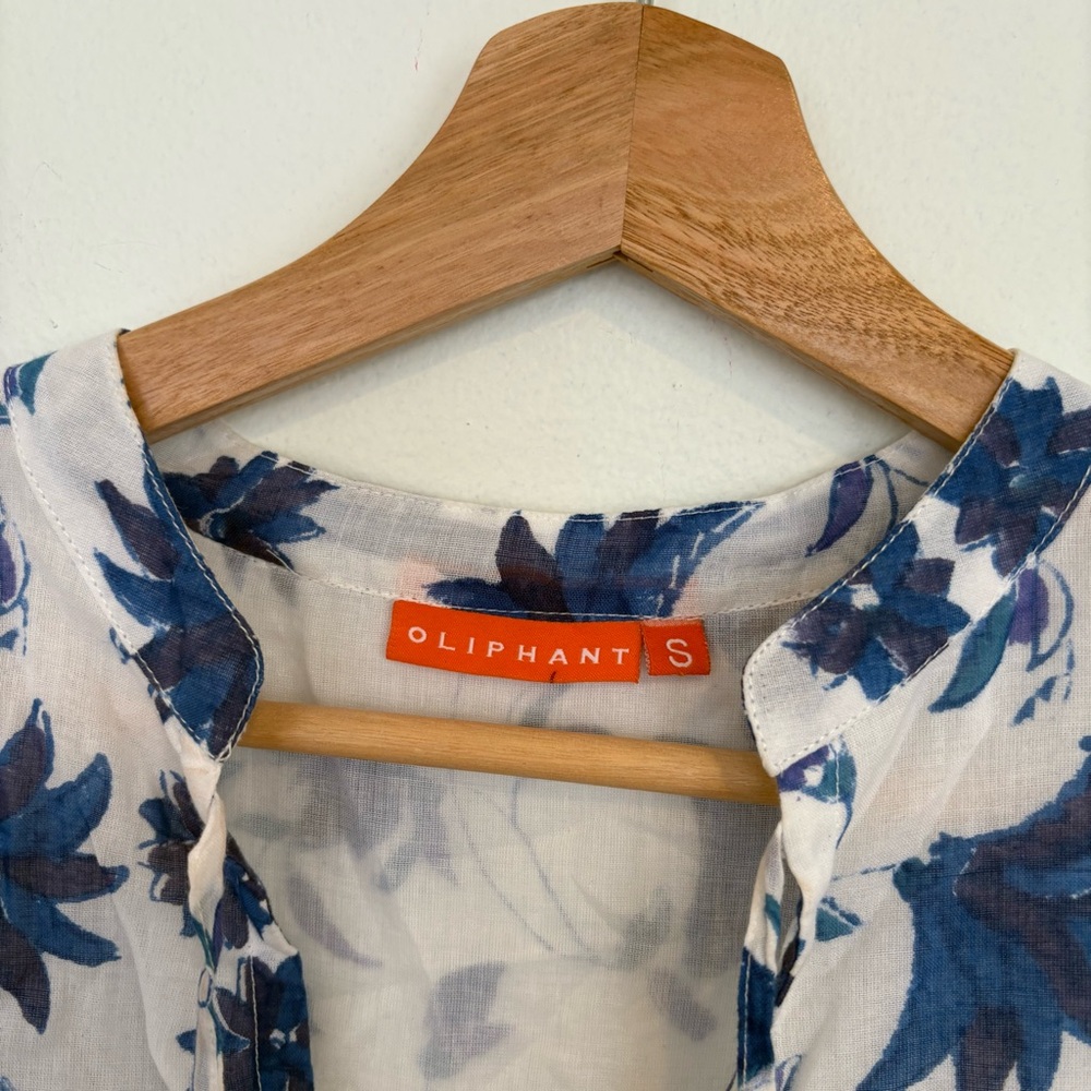 OLIPHANT‎ || Smocked Drop Mini Dress in Marion Blue Block Print Floral White S - Picture 5 of 10